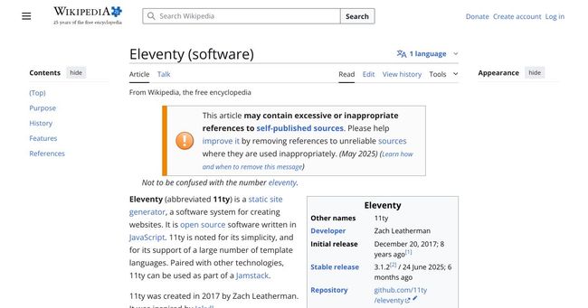 A screenshot of the Wikipedia page for Eleventy